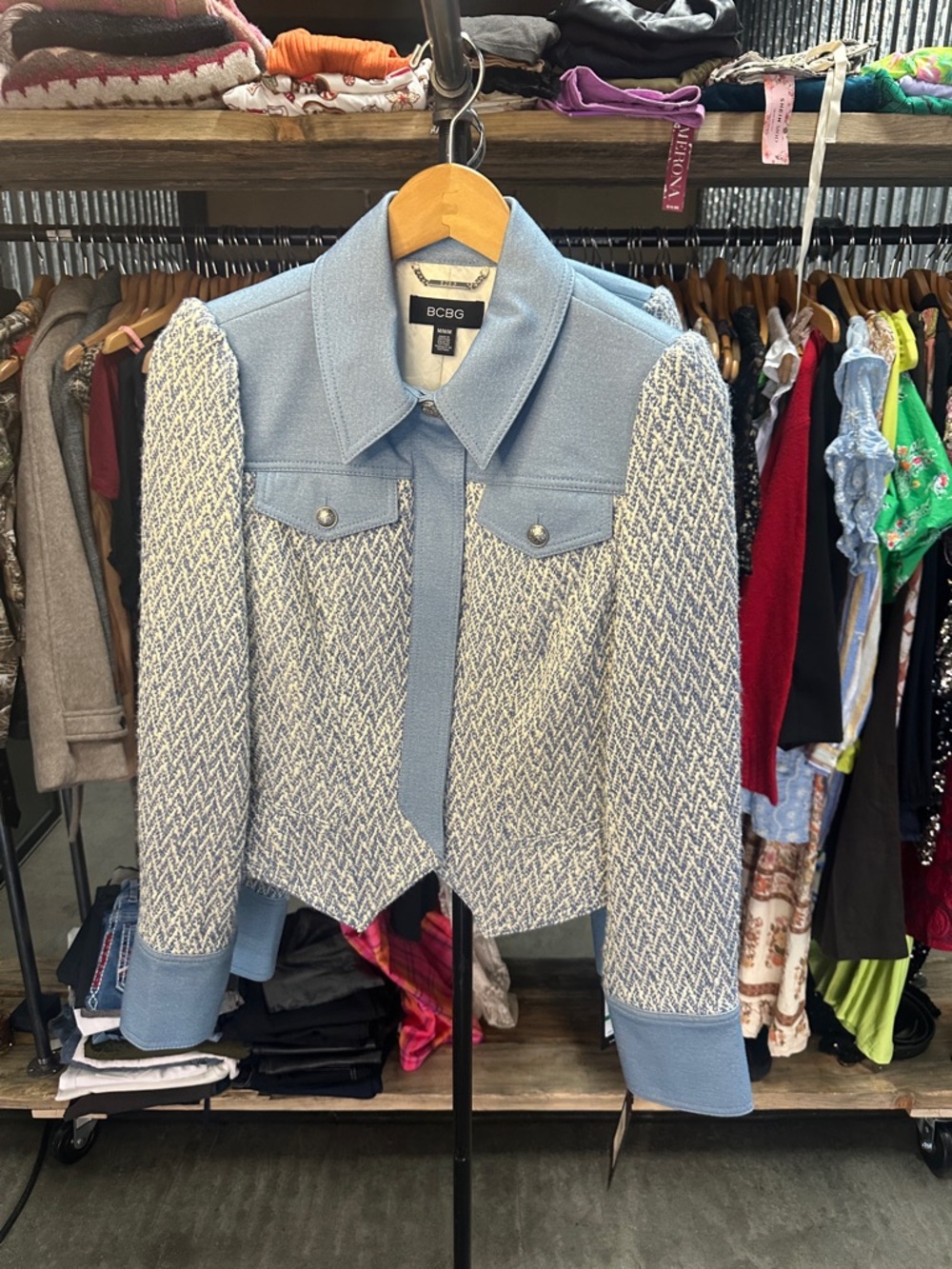 Western BCBG Pale Blue Tweed Pointed Collar Cropped Jacket